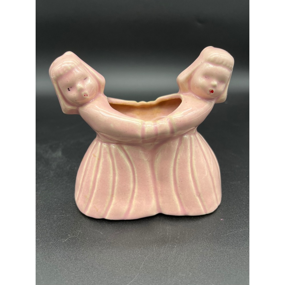 McCoy Pink Ceramic Twin Girls Planter Mid Century Modern Dancing Girls Vase